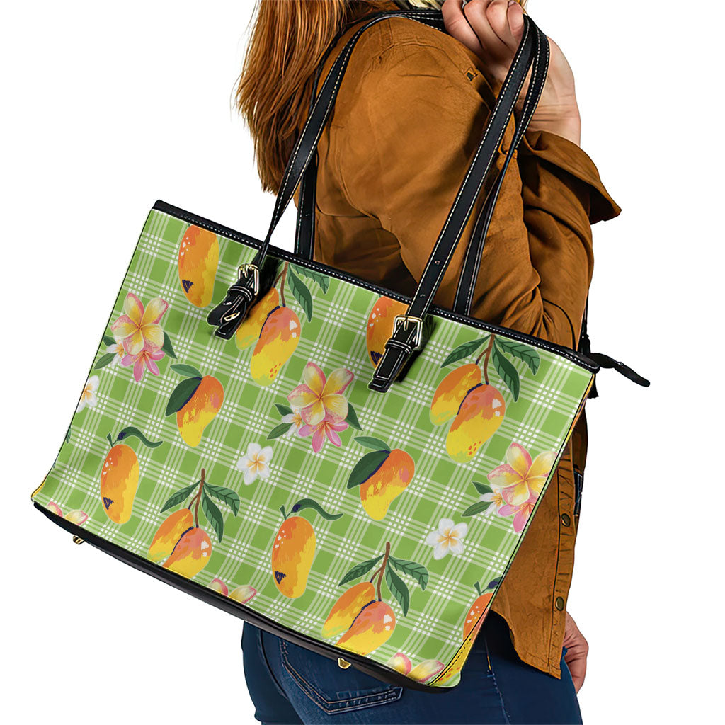 Aloha Hawaii Palaka Print Mango Plumeria Leather Tote Bag Cool Mint LT7 - Polynesian Pride