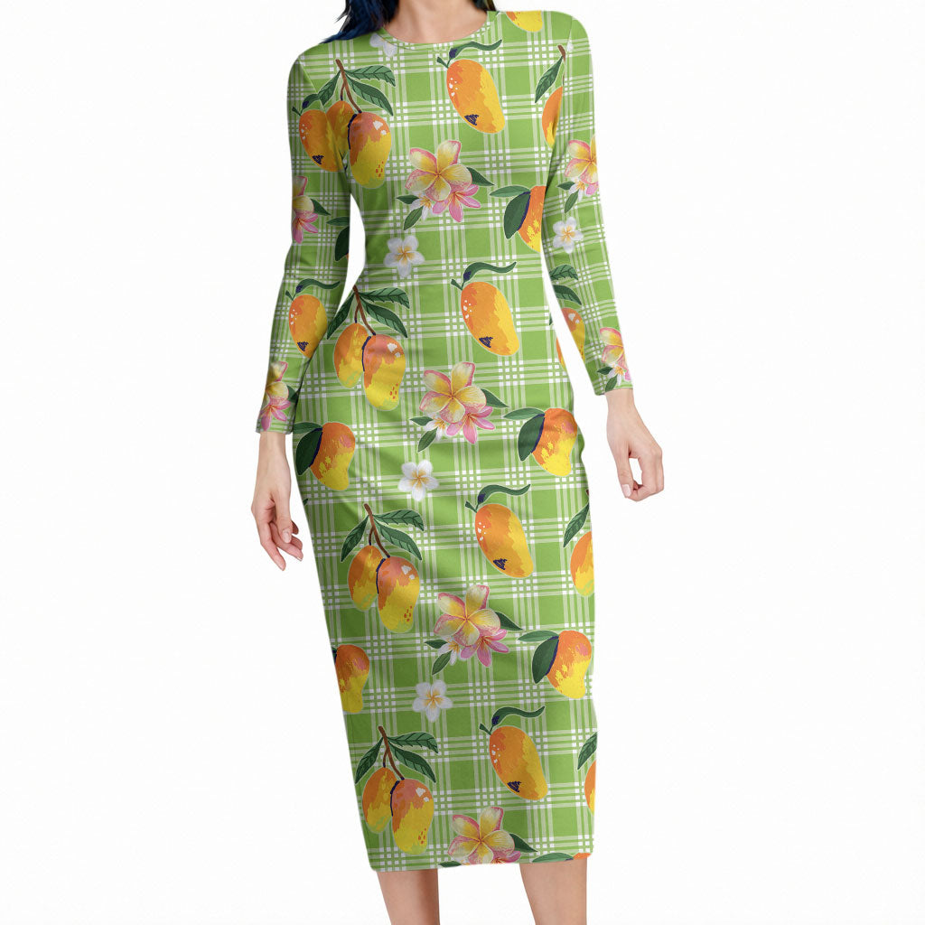 Aloha Hawaii Palaka Print Mango Plumeria Long Sleeve Bodycon Dress Cool Mint LT7 Long Dress Mint - Polynesian Pride