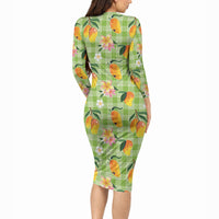 Aloha Hawaii Palaka Print Mango Plumeria Long Sleeve Bodycon Dress Cool Mint LT7 - Polynesian Pride