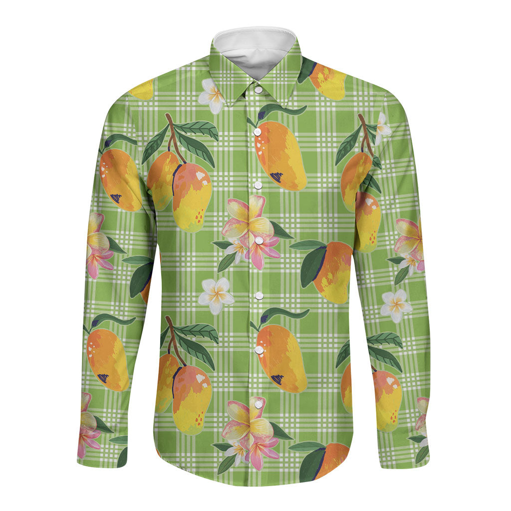 Aloha Hawaii Palaka Print Mango Plumeria Long Sleeve Button Shirt Cool Mint LT7 Unisex Mint - Polynesian Pride
