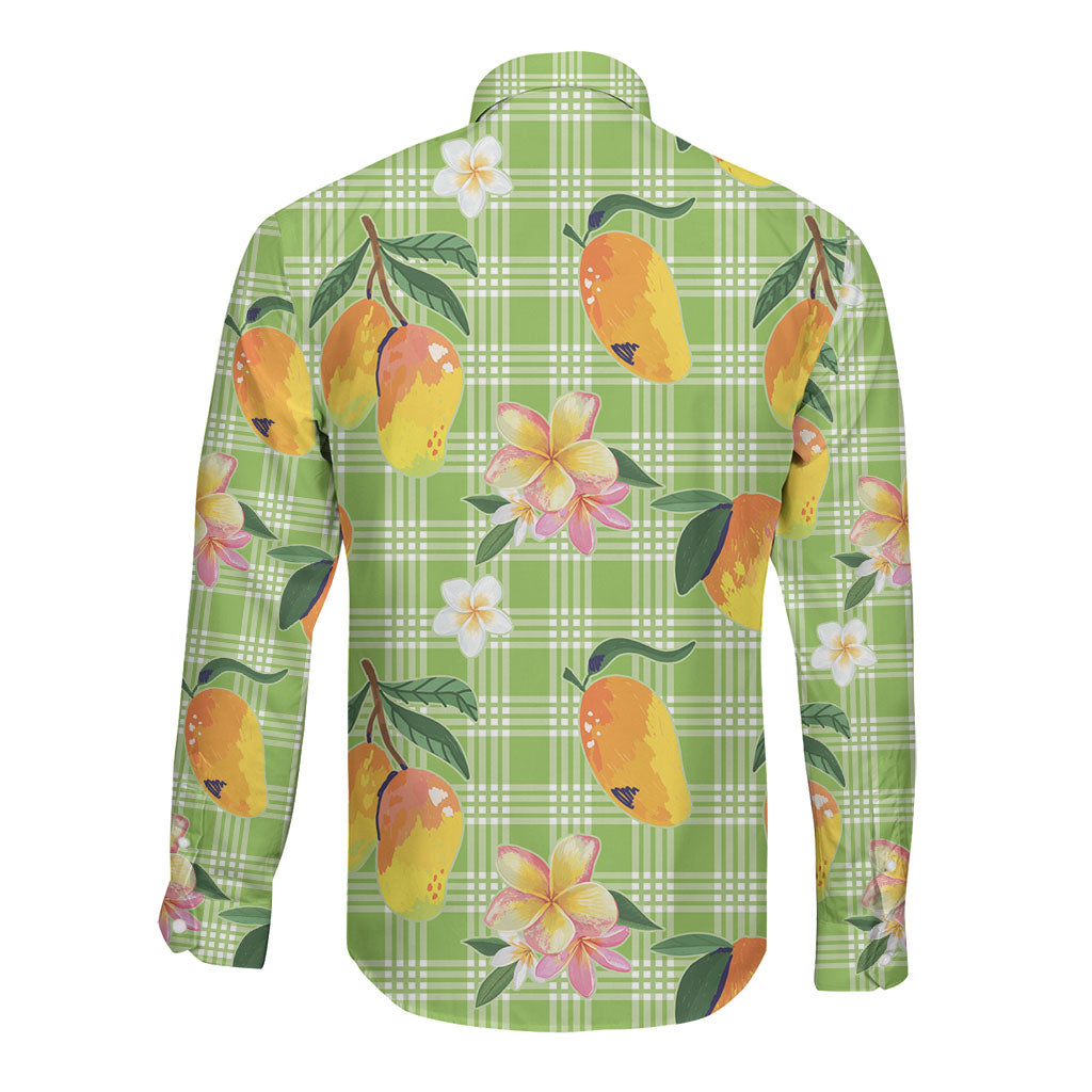 Aloha Hawaii Palaka Print Mango Plumeria Long Sleeve Button Shirt Cool Mint LT7 - Polynesian Pride