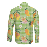 Aloha Hawaii Palaka Print Mango Plumeria Long Sleeve Button Shirt Cool Mint LT7 - Polynesian Pride