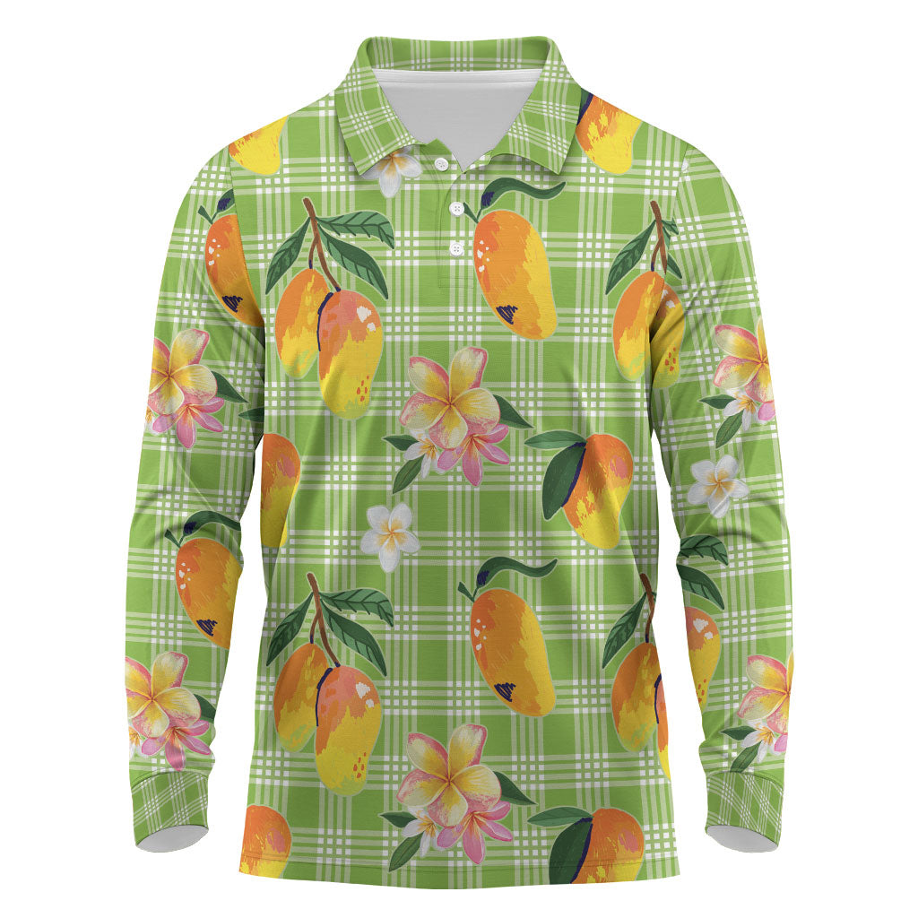 Aloha Hawaii Palaka Print Mango Plumeria Long Sleeve Polo Shirt Cool Mint LT7 Mint - Polynesian Pride