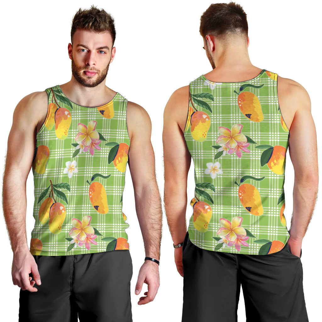 Aloha Hawaii Palaka Print Mango Plumeria Men Tank Top Cool Mint LT7 - Polynesian Pride