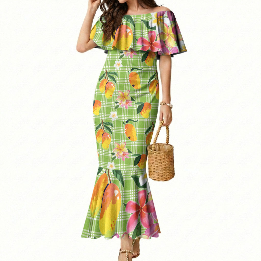Aloha Hawaii Palaka Print Mango Plumeria Mermaid Dress Cool Mint LT7 Women Mint - Polynesian Pride