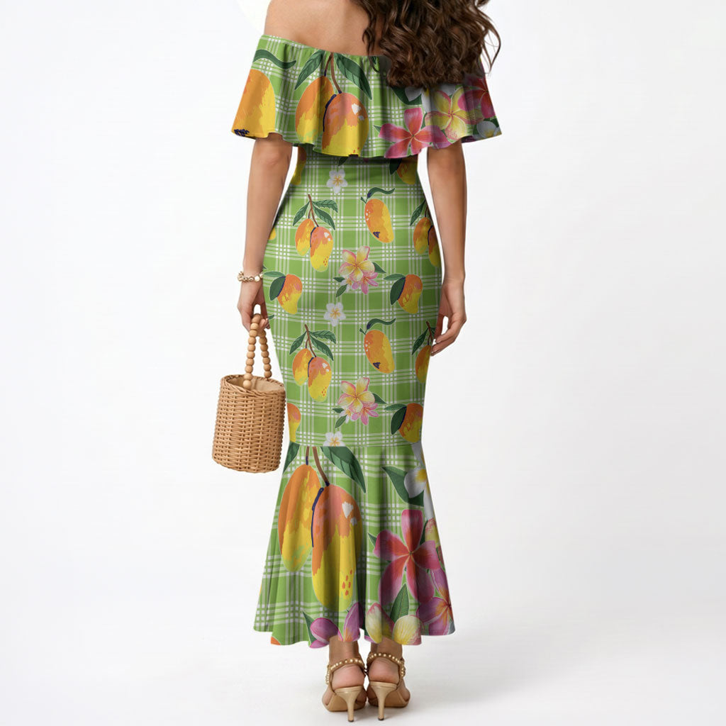 Aloha Hawaii Palaka Print Mango Plumeria Mermaid Dress Cool Mint LT7 - Polynesian Pride
