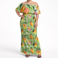 Aloha Hawaii Palaka Print Mango Plumeria Off Shoulder Maxi Dress Cool Mint LT7 Women Mint - Polynesian Pride