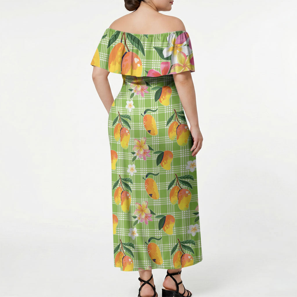 Aloha Hawaii Palaka Print Mango Plumeria Off Shoulder Maxi Dress Cool Mint LT7 - Polynesian Pride