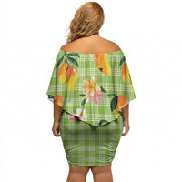 Aloha Hawaii Palaka Print Mango Plumeria Off Shoulder Short Dress Cool Mint LT7 - Polynesian Pride