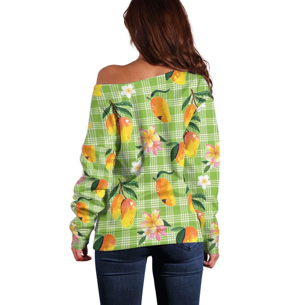 Aloha Hawaii Palaka Print Mango Plumeria Off Shoulder Sweater Cool Mint LT7 - Polynesian Pride