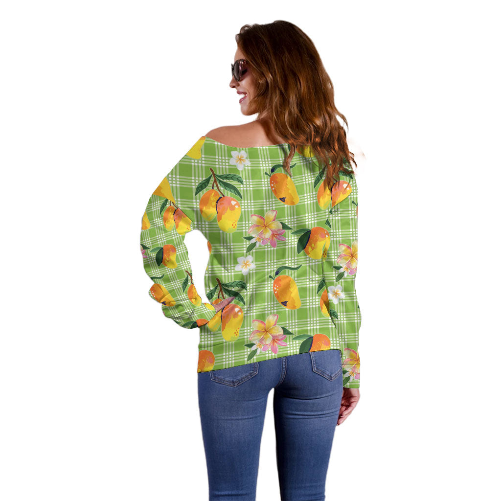 Aloha Hawaii Palaka Print Mango Plumeria Off Shoulder Sweater Cool Mint LT7 - Polynesian Pride