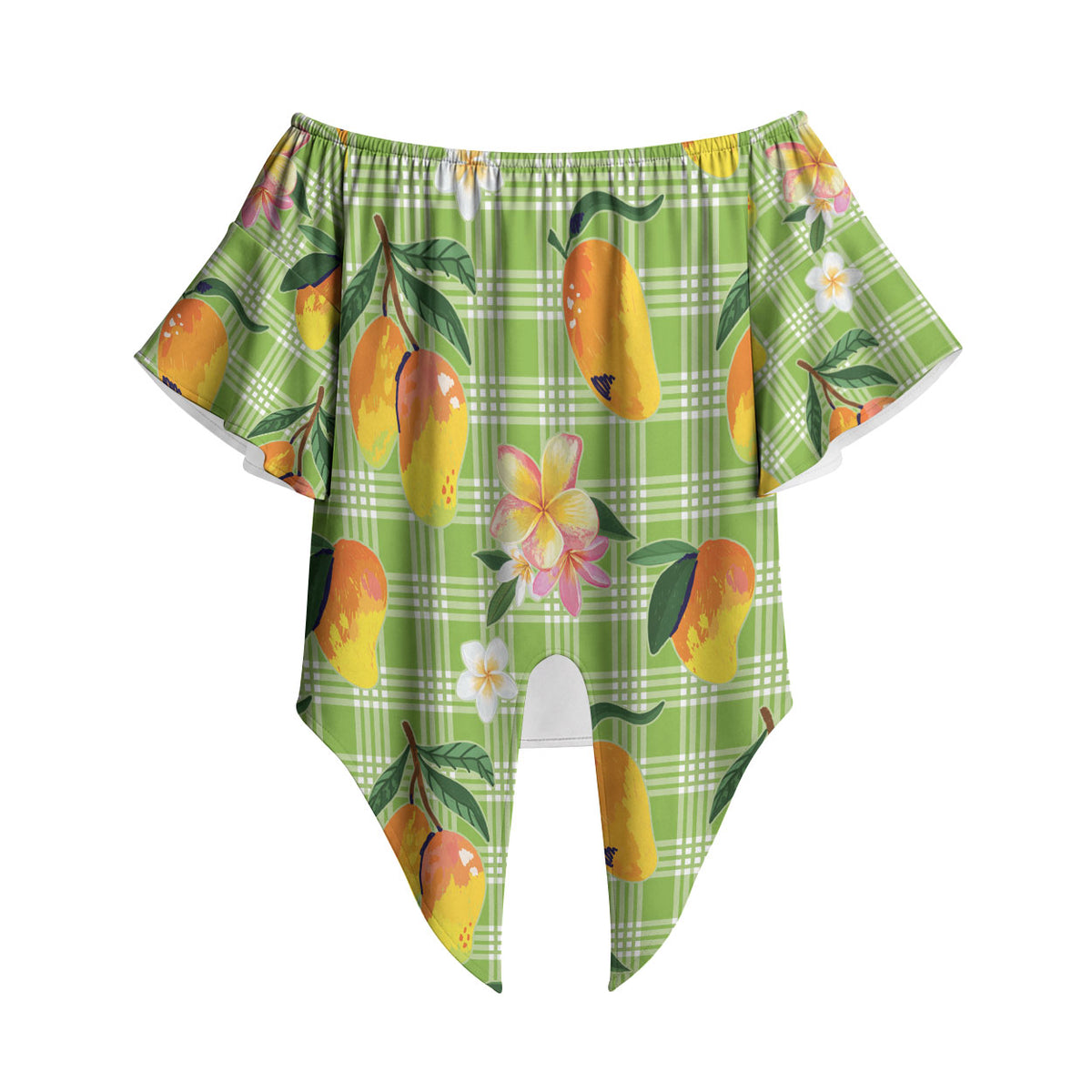 Aloha Hawaii Palaka Print Mango Plumeria Off Shoulder Wrap Waist Top Cool Mint LT7 Mint - Polynesian Pride