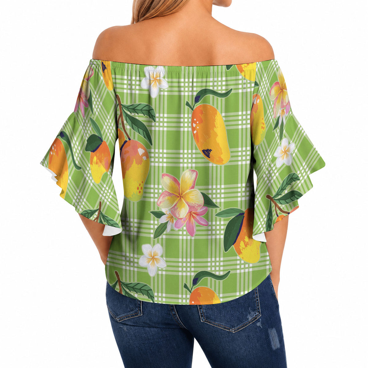 Aloha Hawaii Palaka Print Mango Plumeria Off Shoulder Wrap Waist Top Cool Mint LT7 - Polynesian Pride