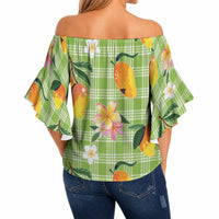 Aloha Hawaii Palaka Print Mango Plumeria Off Shoulder Wrap Waist Top Cool Mint LT7 - Polynesian Pride
