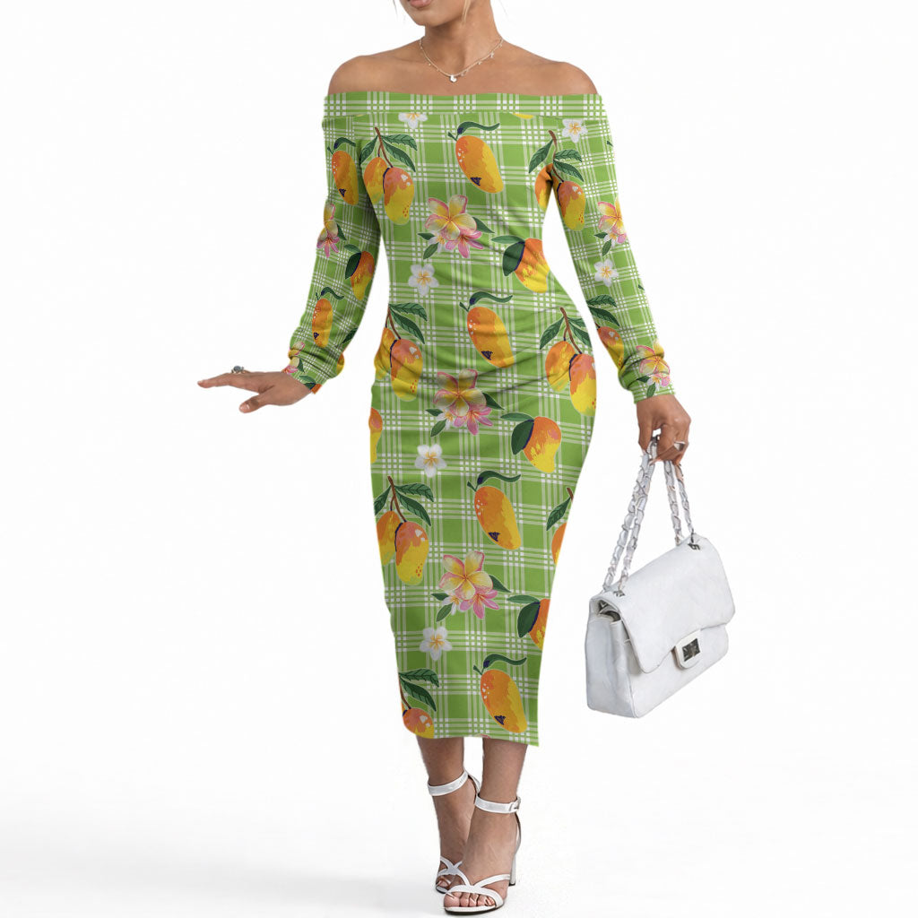Aloha Hawaii Palaka Print Mango Plumeria Off The Shoulder Long Sleeve Dress Cool Mint LT7 Women Mint - Polynesian Pride