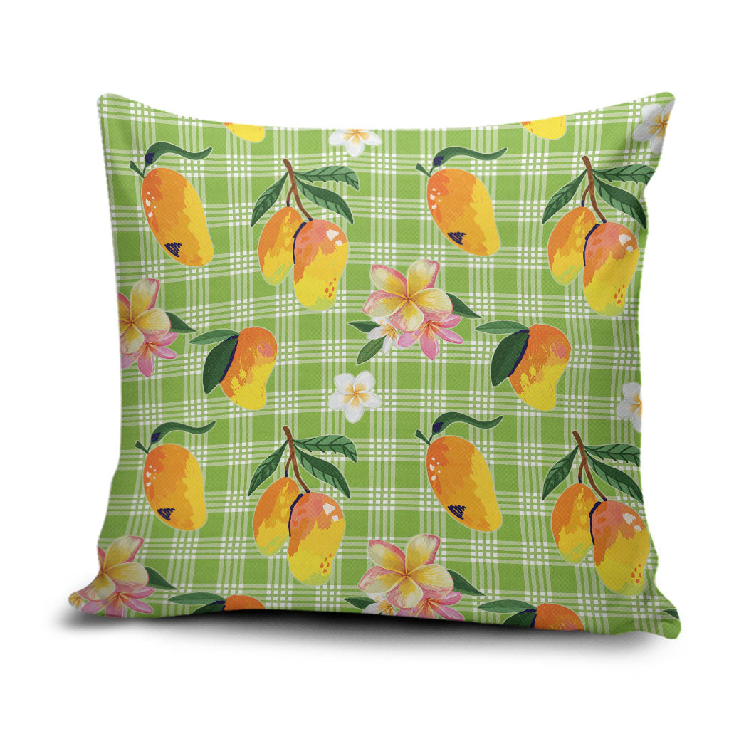 Aloha Hawaii Palaka Print Mango Plumeria Pillow Cover Cool Mint LT7 Mint - Polynesian Pride
