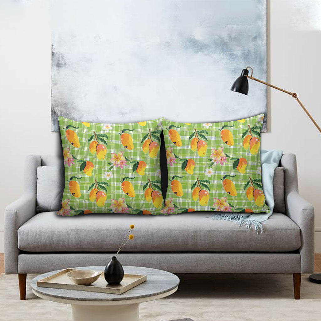 Aloha Hawaii Palaka Print Mango Plumeria Pillow Cover Cool Mint LT7 - Polynesian Pride
