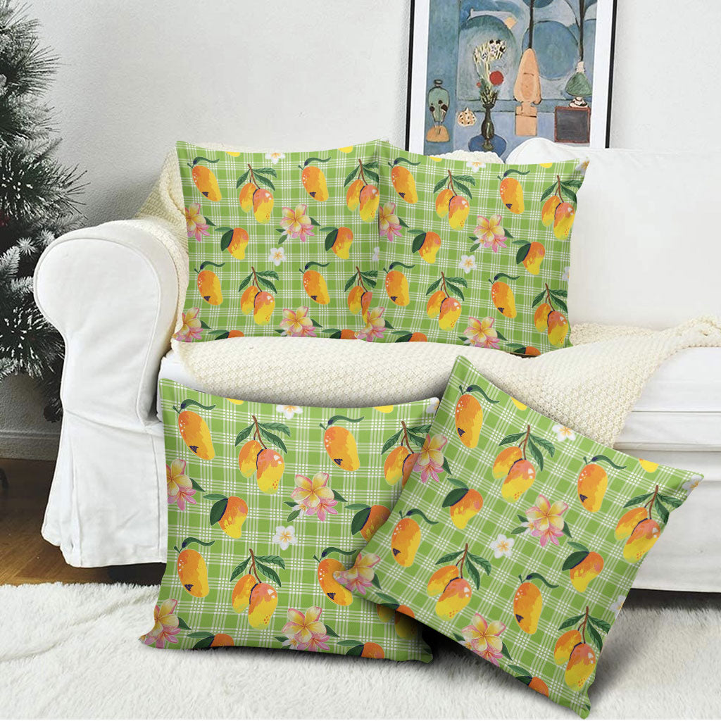 Aloha Hawaii Palaka Print Mango Plumeria Pillow Cover Cool Mint LT7 - Polynesian Pride