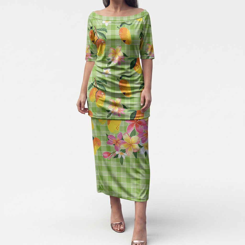 Aloha Hawaii Palaka Print Mango Plumeria Puletasi Cool Mint LT7 Long Dress Mint - Polynesian Pride