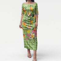 Aloha Hawaii Palaka Print Mango Plumeria Puletasi Cool Mint LT7 Long Dress Mint - Polynesian Pride