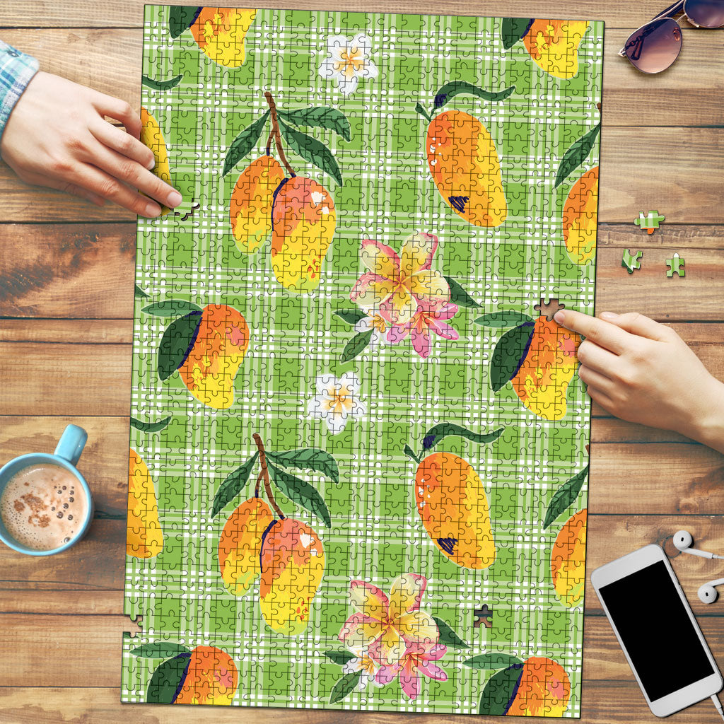 Aloha Hawaii Palaka Print Mango Plumeria Puzzle Cool Mint LT7 Mint - Polynesian Pride