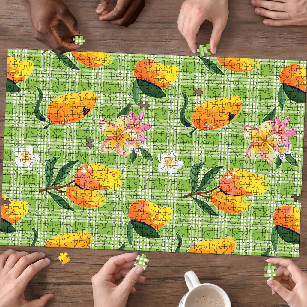Aloha Hawaii Palaka Print Mango Plumeria Puzzle Cool Mint LT7 - Polynesian Pride