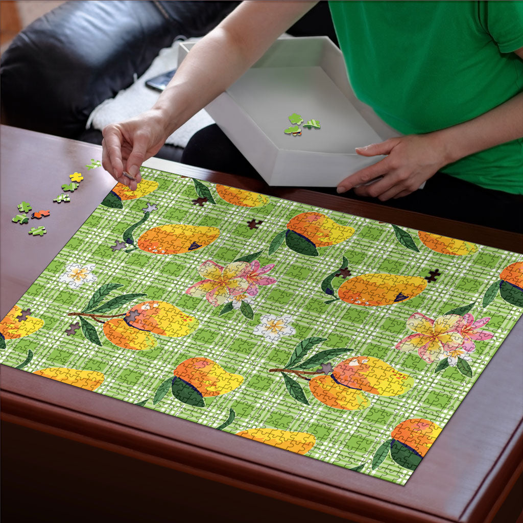 Aloha Hawaii Palaka Print Mango Plumeria Puzzle Cool Mint LT7 - Polynesian Pride