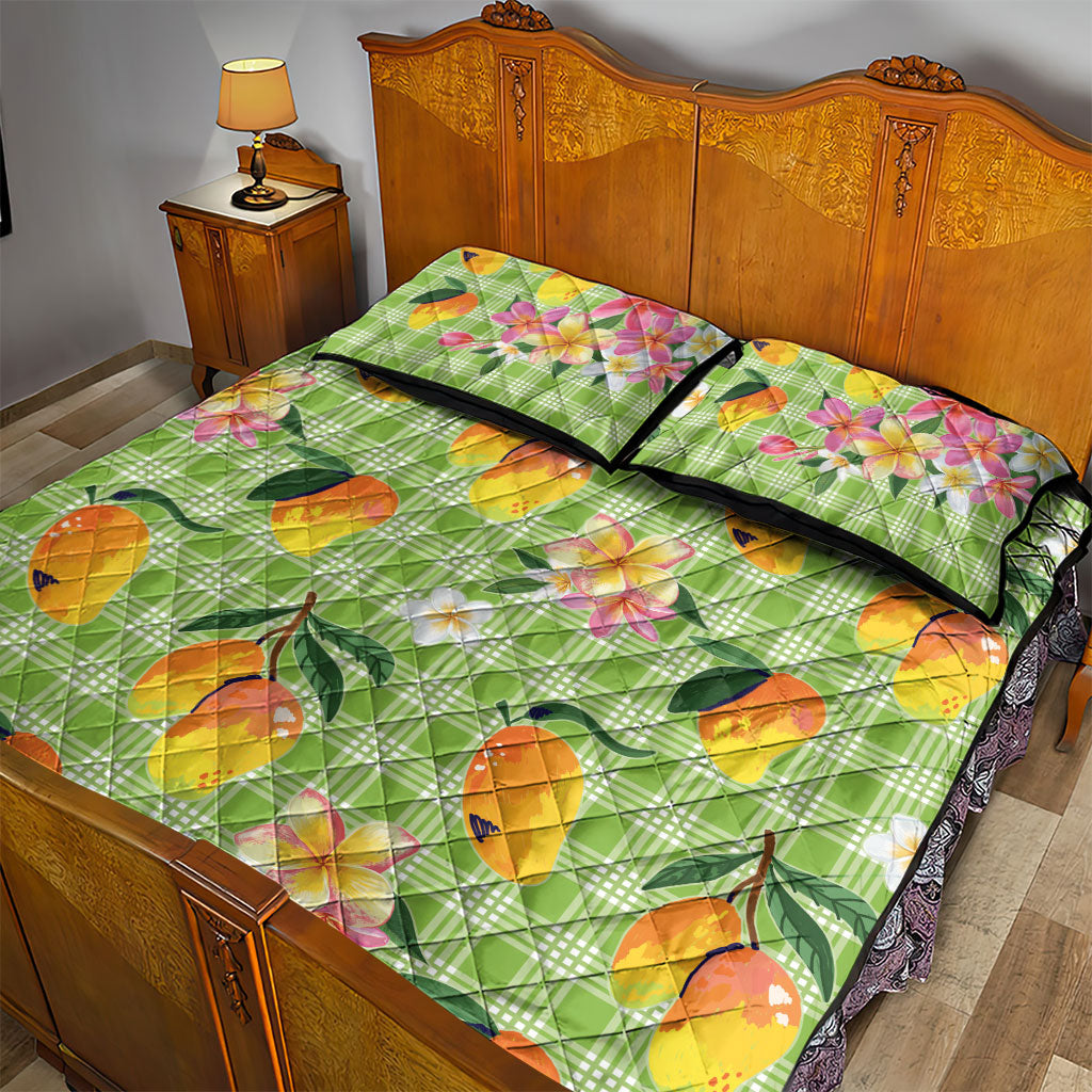 Aloha Hawaii Palaka Print Mango Plumeria Quilt Bed Set Cool Mint LT7 - Polynesian Pride