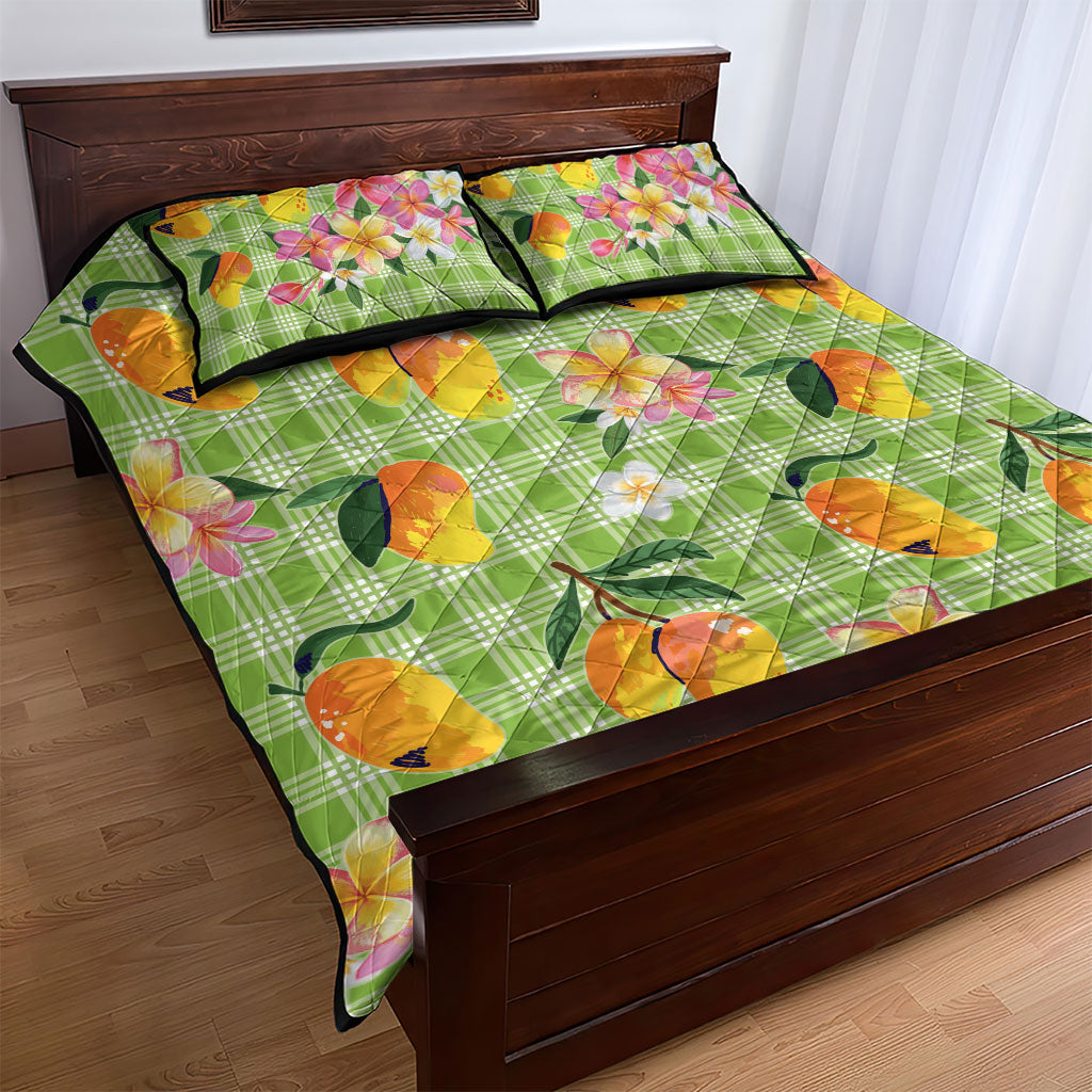 Aloha Hawaii Palaka Print Mango Plumeria Quilt Bed Set Cool Mint LT7 - Polynesian Pride