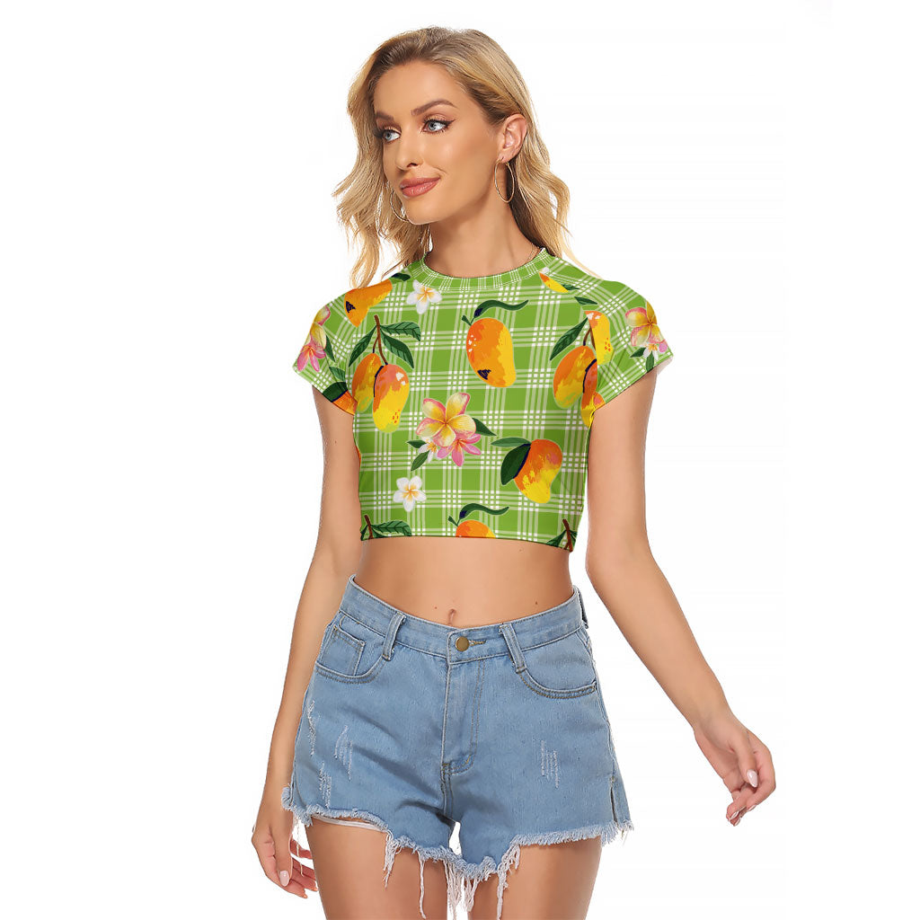 Aloha Hawaii Palaka Print Mango Plumeria Raglan Cropped T Shirt Cool Mint LT7 Female Mint - Polynesian Pride