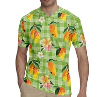 Aloha Hawaii Palaka Print Mango Plumeria Rugby Jersey Cool Mint LT7 - Polynesian Pride