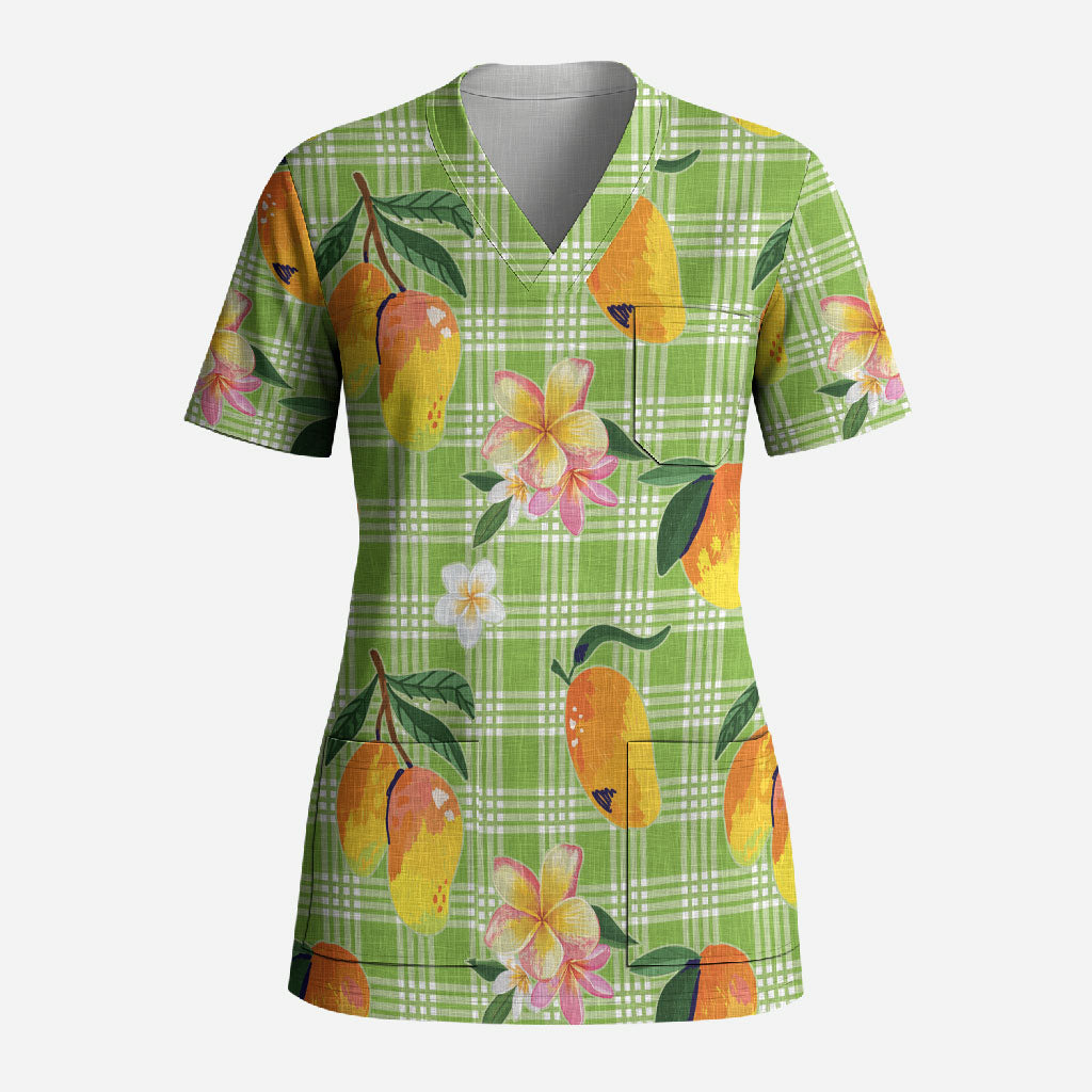 Aloha Hawaii Palaka Print Mango Plumeria Scrub Top Cool Mint LT7 Adult Mint - Polynesian Pride