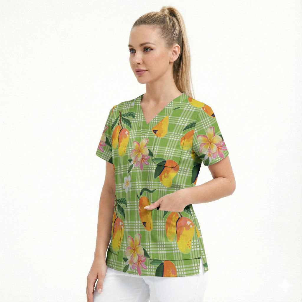 Aloha Hawaii Palaka Print Mango Plumeria Scrub Top Cool Mint LT7 - Polynesian Pride