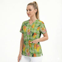 Aloha Hawaii Palaka Print Mango Plumeria Scrub Top Cool Mint LT7 - Polynesian Pride