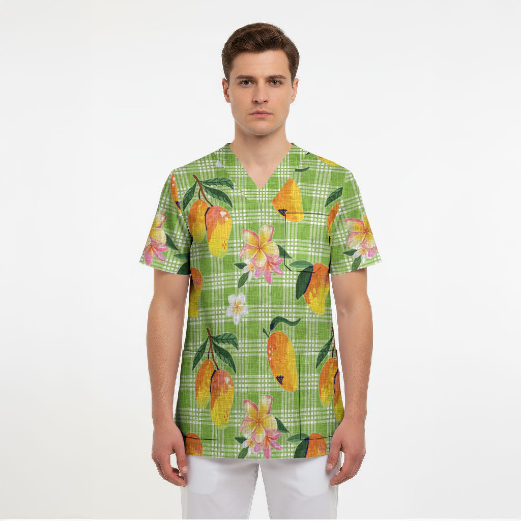 Aloha Hawaii Palaka Print Mango Plumeria Scrub Top Cool Mint LT7 - Polynesian Pride
