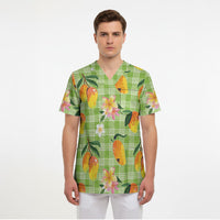 Aloha Hawaii Palaka Print Mango Plumeria Scrub Top Cool Mint LT7 - Polynesian Pride