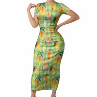 Aloha Hawaii Palaka Print Mango Plumeria Short Sleeve Bodycon Dress Cool Mint LT7 Long Dress Mint - Polynesian Pride