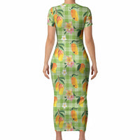 Aloha Hawaii Palaka Print Mango Plumeria Short Sleeve Bodycon Dress Cool Mint LT7 - Polynesian Pride