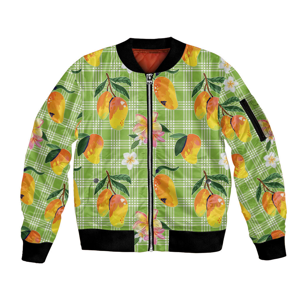 Aloha Hawaii Palaka Print Mango Plumeria Sleeve Zip Bomber Jacket Cool Mint LT7 Unisex Mint - Polynesian Pride
