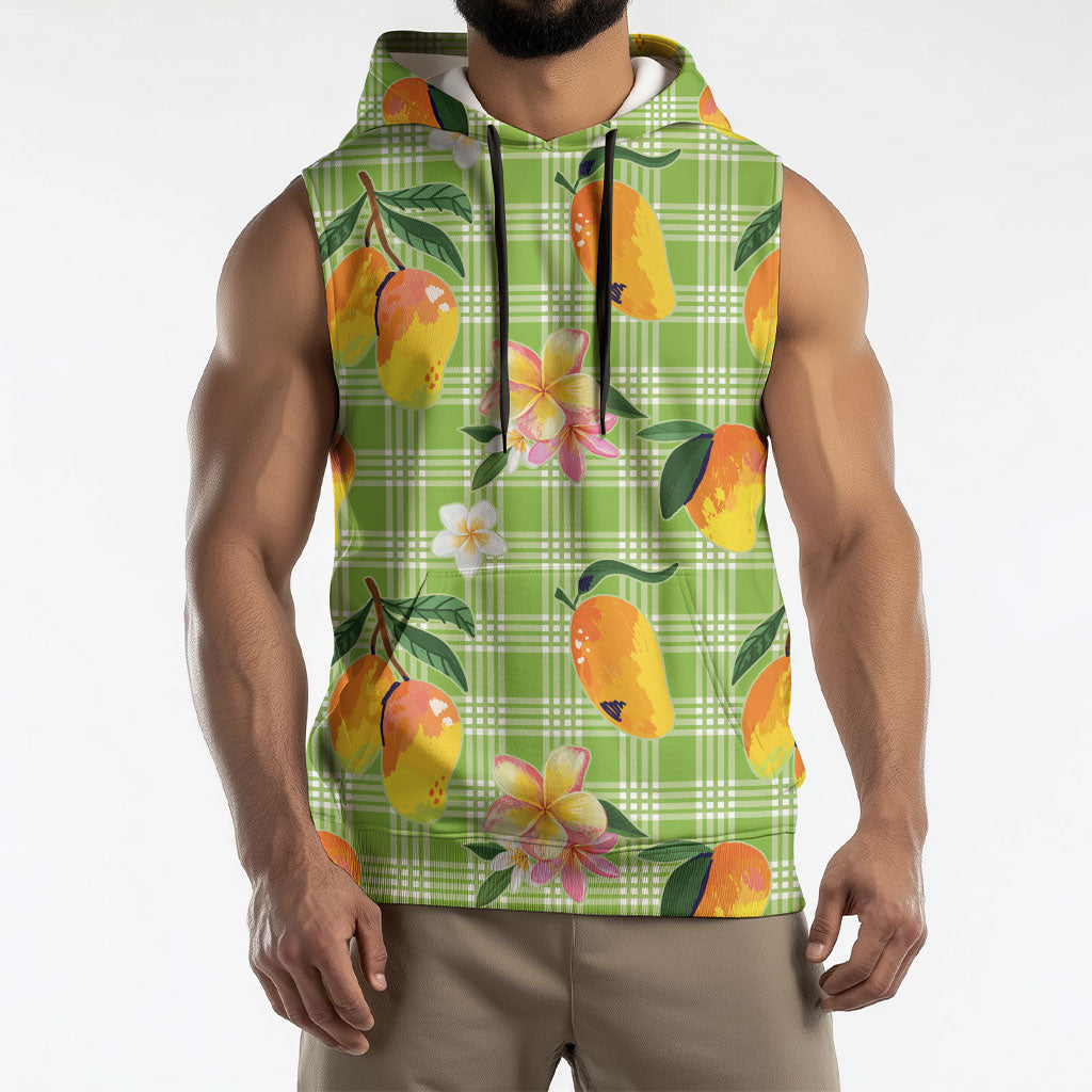 Aloha Hawaii Palaka Print Mango Plumeria Sleeveless Hoodie Cool Mint LT7 - Polynesian Pride