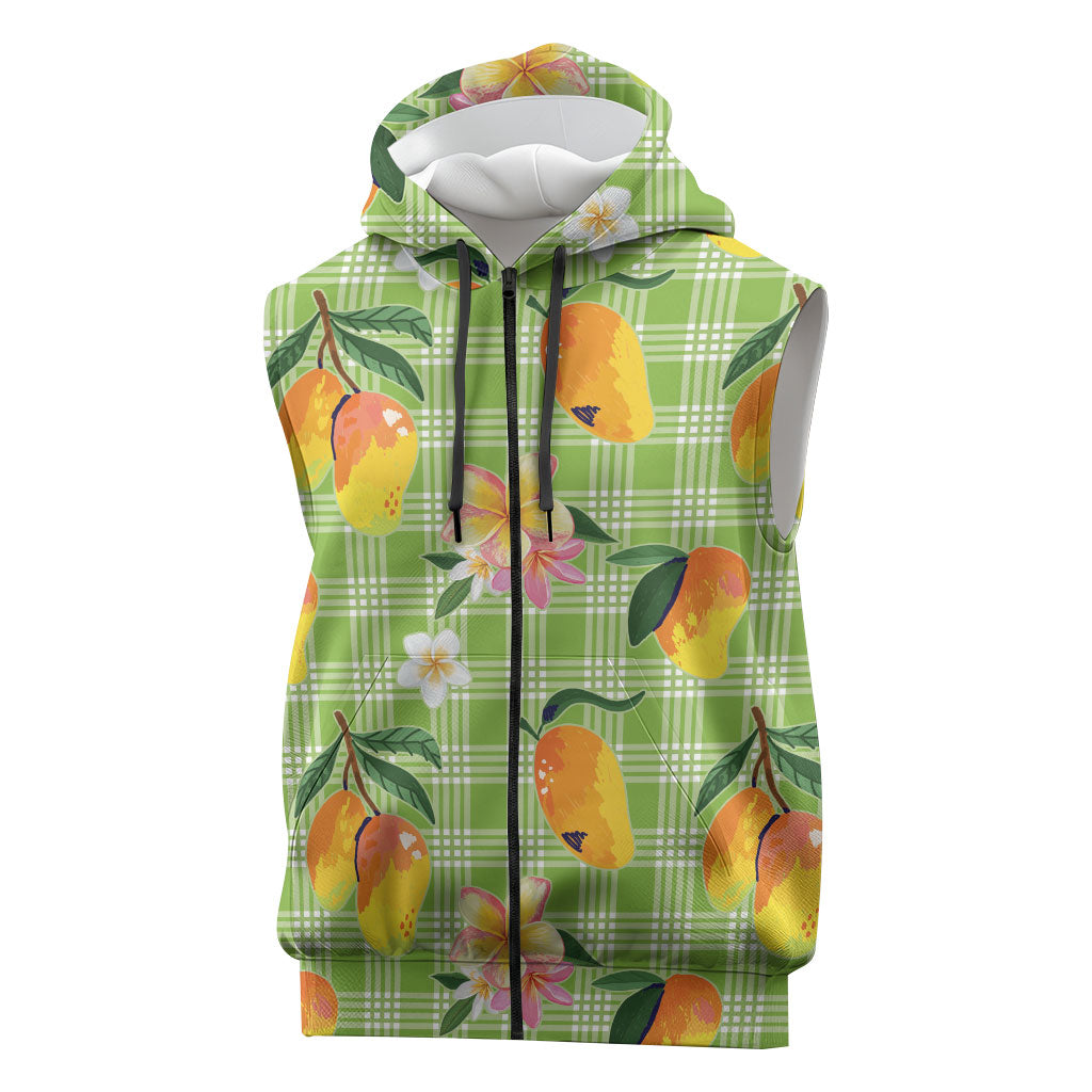 Aloha Hawaii Palaka Print Mango Plumeria Sleeveless Zip Hoodie Cool Mint LT7 Mint - Polynesian Pride