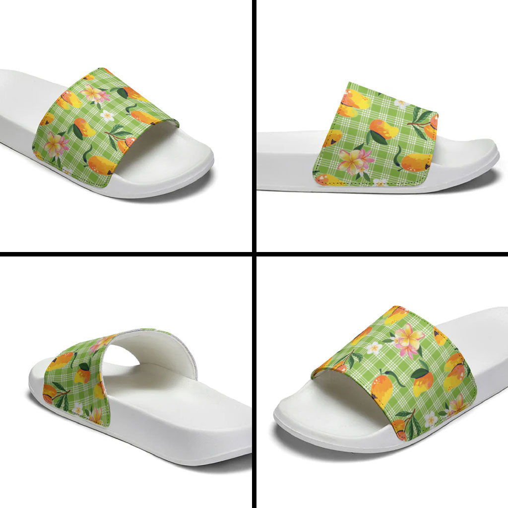 Aloha Hawaii Palaka Print Mango Plumeria Slide Sandals Cool Mint LT7 - Polynesian Pride