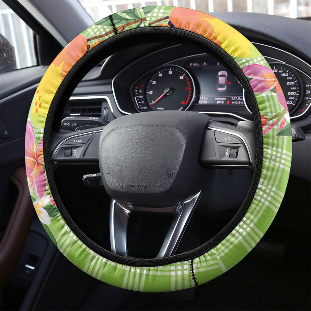 Aloha Hawaii Palaka Print Mango Plumeria Steering Wheel Cover Cool Mint LT7 - Polynesian Pride