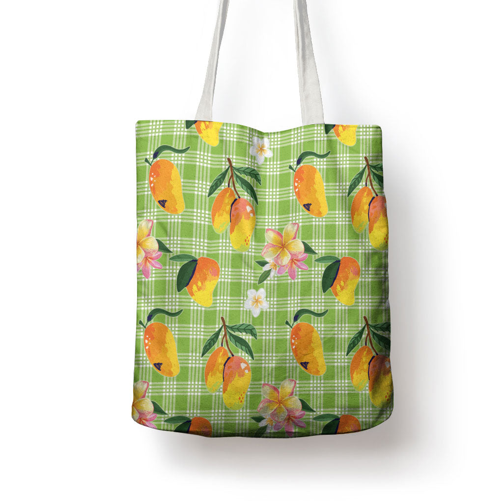 Aloha Hawaii Palaka Print Mango Plumeria Tote Bag Cool Mint LT7 - Polynesian Pride