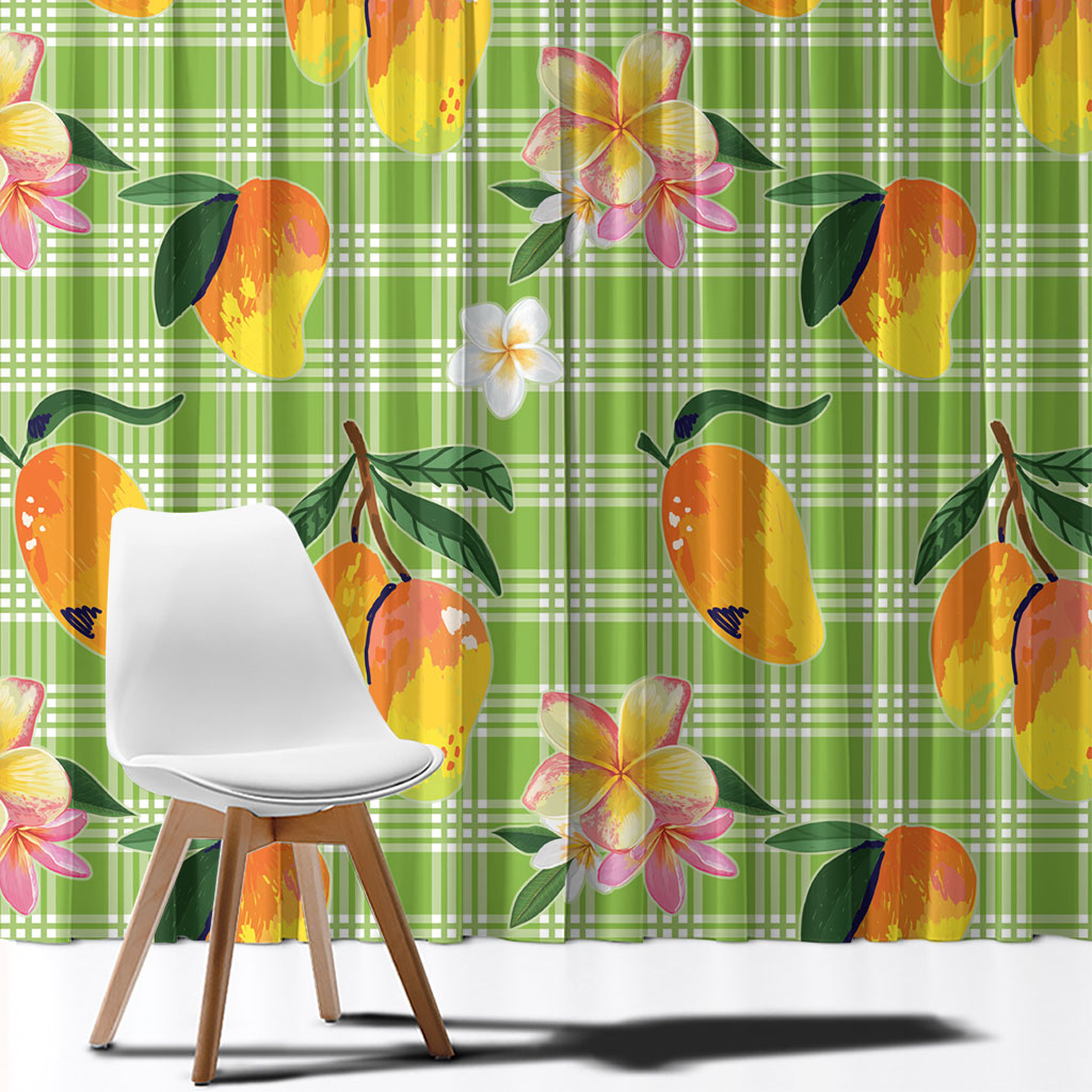 Aloha Hawaii Palaka Print Mango Plumeria Window Curtain Cool Mint LT7 - Polynesian Pride