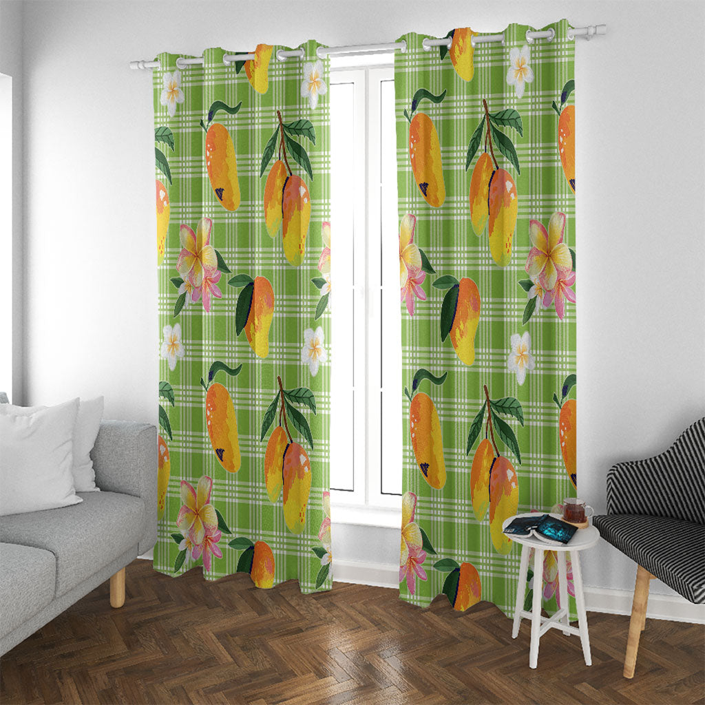 Aloha Hawaii Palaka Print Mango Plumeria Window Curtain Cool Mint LT7 With Grommets Mint - Polynesian Pride