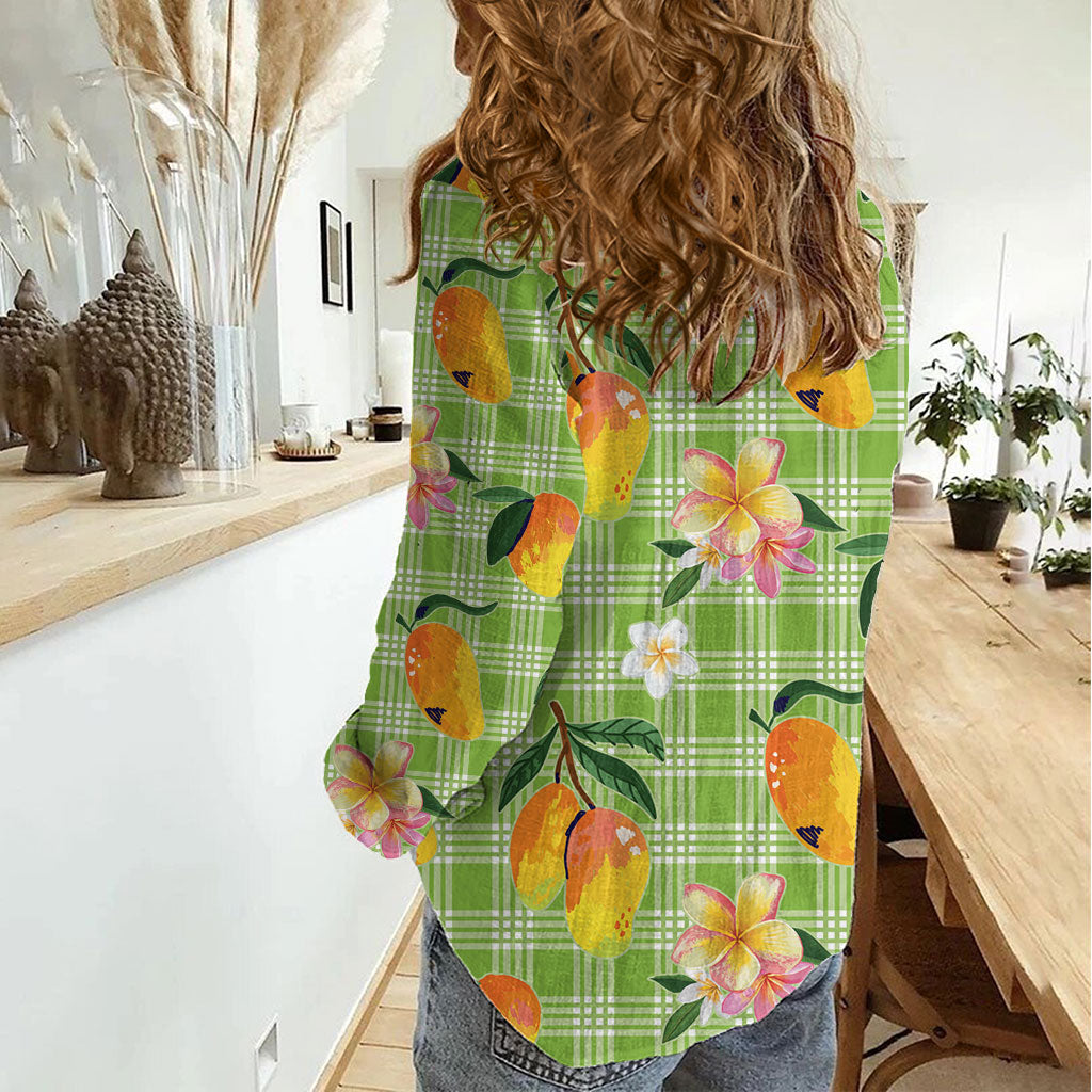 Aloha Hawaii Palaka Print Mango Plumeria Women Casual Shirt Cool Mint LT7 - Polynesian Pride
