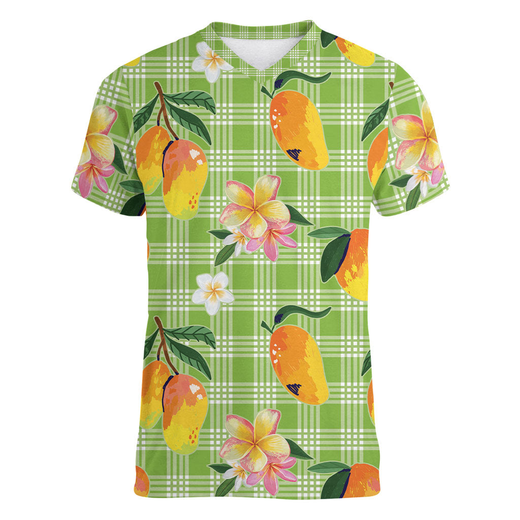 Aloha Hawaii Palaka Print Mango Plumeria Women V-Neck T-Shirt Cool Mint LT7 Female Mint - Polynesian Pride