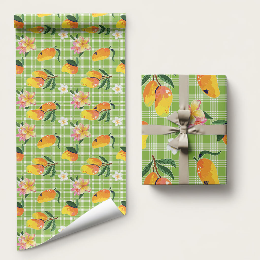 Aloha Hawaii Palaka Print Mango Plumeria Wrapping Paper Cool Mint LT7 58" × 23" Mint - Polynesian Pride