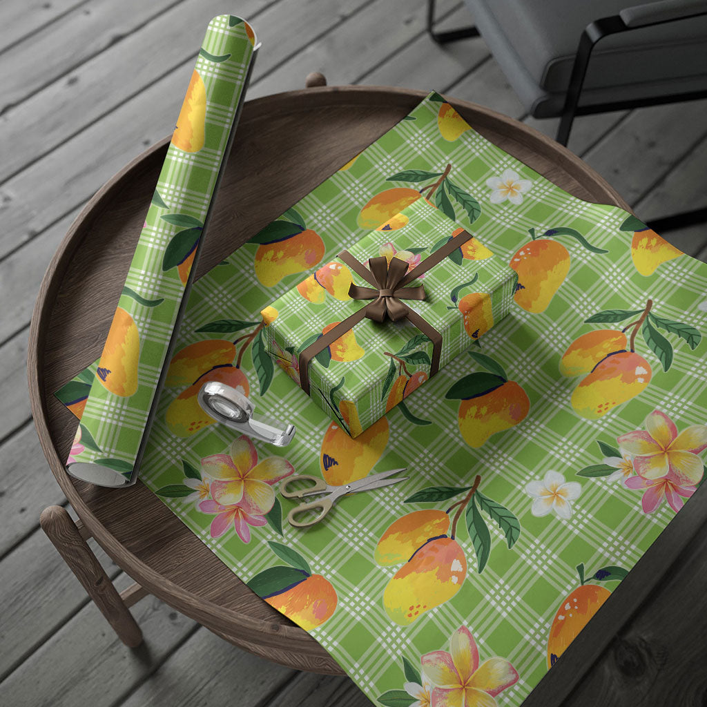 Aloha Hawaii Palaka Print Mango Plumeria Wrapping Paper Cool Mint LT7 - Polynesian Pride